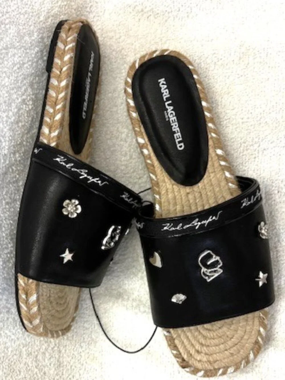 Karl Lagerfeld Paris Tulia black logo embellished slides with jute trim Size 8